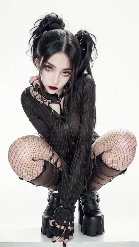 araffe woman with black hair and piercings crouching on a white surface, 1 7 - year - old goth girl, Gothic, ciberGothic, goth girl, gothic woman, estilo Gothic, 1 7 - year - old anime goth girl, top model Gothic muito lindo, Death Star, goth girl aestheti...