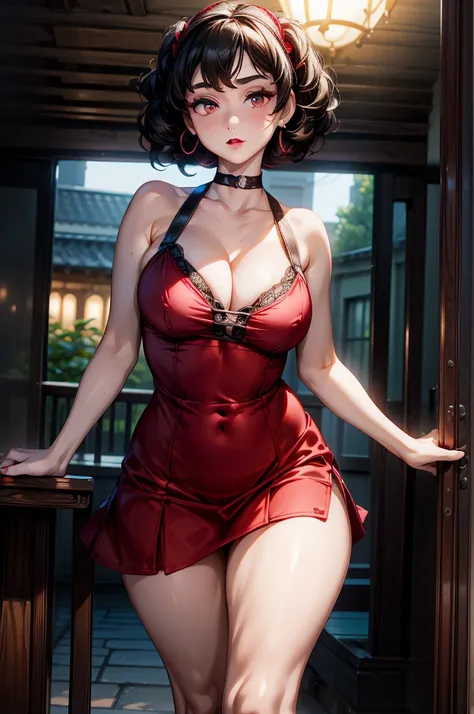 (8K HDR photorealistic pic), Betty Boop, short, althetic, curvy lady, ((tight little red dress)), dark eyebrows, black lipstick, (hoop earrings), dark eyeshadow, black lipstick, curvy, busty, (curly short black hair), shortstack, (retroussé breasts), darli...