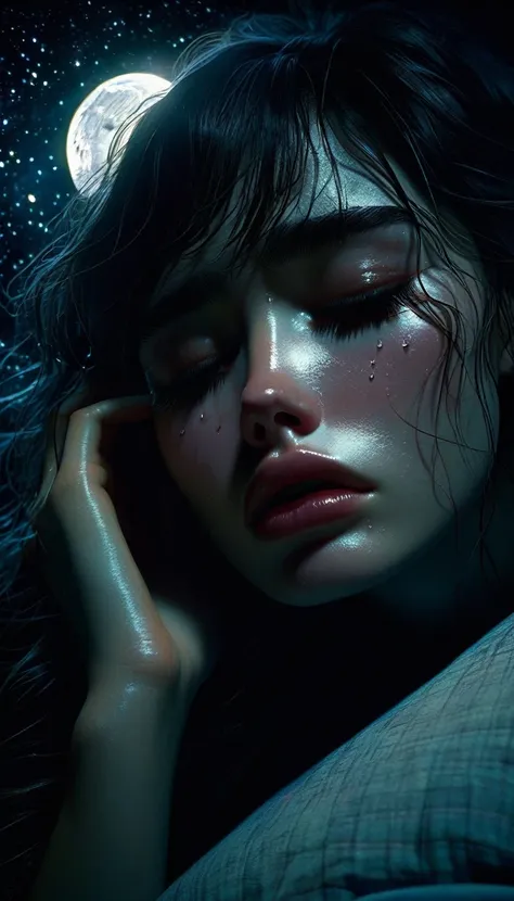 a beautiful sad girl crying on a bed, detailed facial features, tears streaming down her face, long eyelashes, detailed eyes and lips, a large window behind her with a view of the moon and stars, moody dramatic lighting, Bill Sienkiewicz inspired, dark moo...