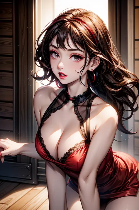 (8K HDR photorealistic pic), Betty Boop, short, althetic, curvy lady, ((tight little red dress)), dark eyebrows, black lipstick, (hoop earrings), dark eyeshadow, black lipstick, curvy, busty, (curly short black hair), shortstack, (retroussé breasts), darli...