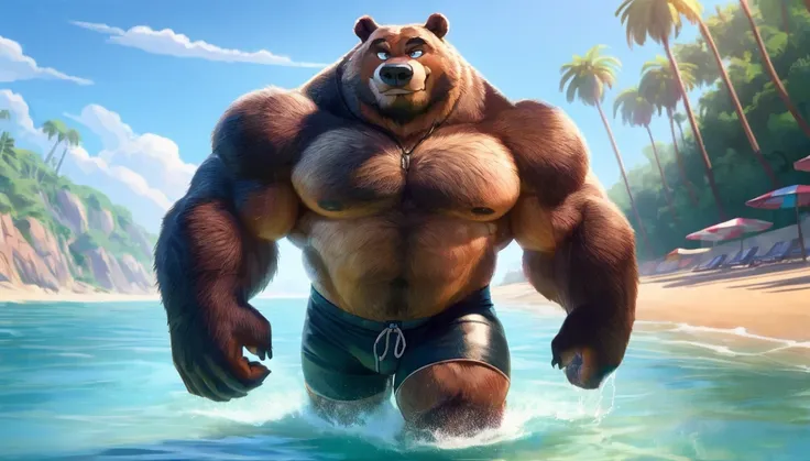 solo, 1boy, huge muscular old grizzly bear wearing glasses , pectoral, huge pectoral, wide pectoral, brown fur, short white hair...