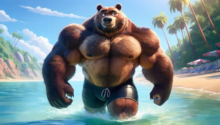 solo, 1boy, huge muscular old grizzly bear wearing glasses , pectoral, huge pectoral, wide pectoral, brown fur, short white hair...