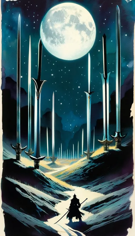 9 swords stuck in the ground, through which we see a landscape with a night moon (art inspired by Bill Sienkiewicz)
