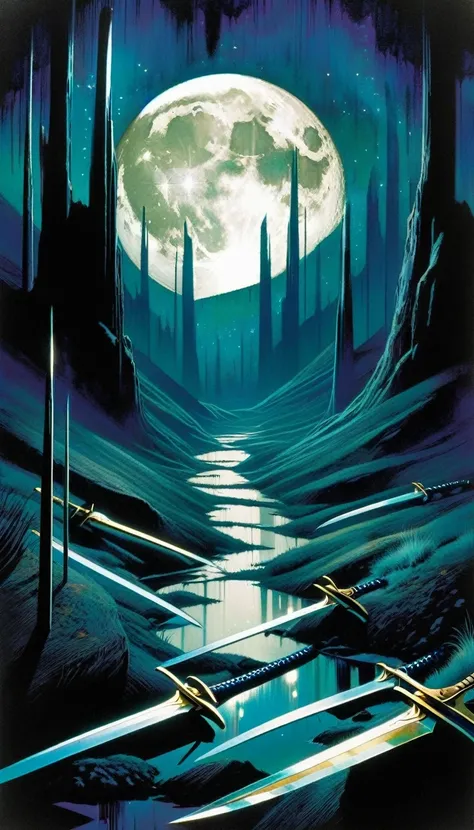 9 swords stuck in the ground, through which we see a landscape with a night moon (art inspired by Bill Sienkiewicz)
