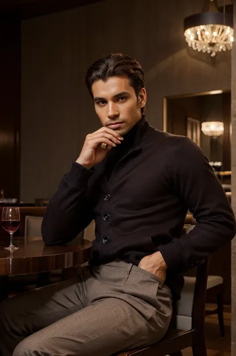 A stylish man, dressed in a dark burgundy wool coat over a light grey cashmere sweater, paired with navy blue tailored trousers and brown leather dress shoes. He is sitting at a high-end restaurant in Rio de Janeiro, with modern decor and an elegantly set ...