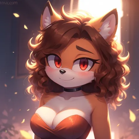 mobian, hedgehog, two-tone fur ((orange fur, brown fur)), strapless tight dress, cleavage, two-tone hair (brown hair, black tip)), curly hair, halo, sunglasses, jewelry, red eyes, longeyelashes, red eyes, smile, shy, blush, high detail, masterpiece, UHD, a...