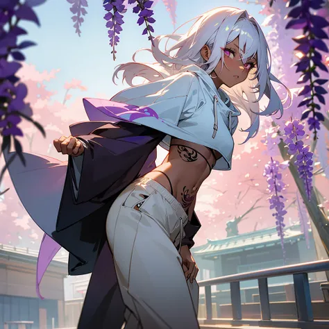 1female, sexy, young adult, dark skin, finely detailed plum eyes, wild medium hair, seashell white hair color, crop top oversized hoodie, baggy pants, standing on building, day time, tokyo streets, somber expression, tattoos, wisteria flowers, scars