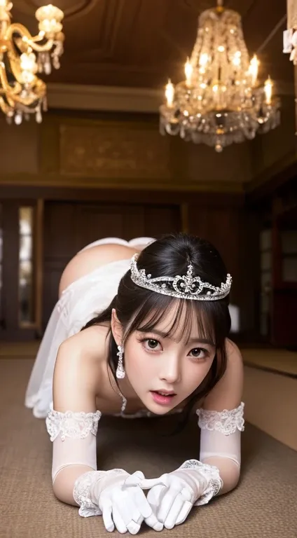 Best image quality、8K、Ultra-high resolution:1.5、Japanese、woman、Delicate eyes、Sensitive face、Attractive face、chandelier、naked、On all fours、Butt facing the camera、Close your legs、whole body、tiara、necklace、White long lace gloves、Earrings