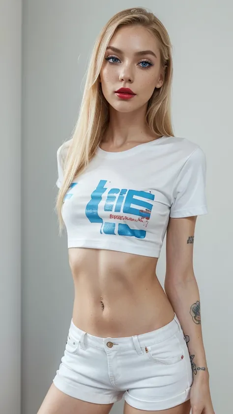 Beautiful skinny girl, elongated face and thin chin, freckles, blonde, blue eyes, red lipstick, beautiful makeup, white skin,, tattoo written on the forearm, sexy style, T-shirt without any design, shorts