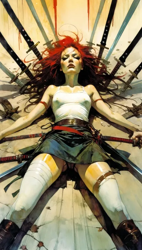 woman on the ground with ten swords stuck in her, swords stuck in her body, eyes open (art inspired by Bill Sienkiewicz)
