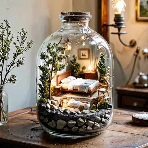 (masterpiece, top quality, best quality),(ultra-detailed, absolutely resolution),((16k, high res)), 

BREAK {miniature room inside a glass cup, a small bed, a shower fixture, a bedside table with a lamp, vase with delicate branches, The glass cup should be...