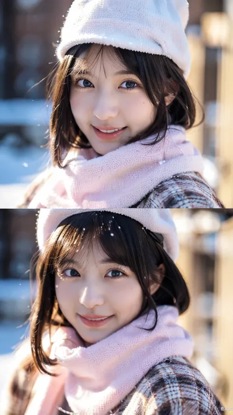 (highest quality,masterpiece:1.3,ultra high resolution),(Super detailed,caustics,8k),(photorealistic:1.4,RAW shooting),Midwinter,(snowfield),Silver World,Very cold,18-year-old,cute,Japanese,Black Hair Middle Hair,(hat with ear flaps),(open your mouth a lit...