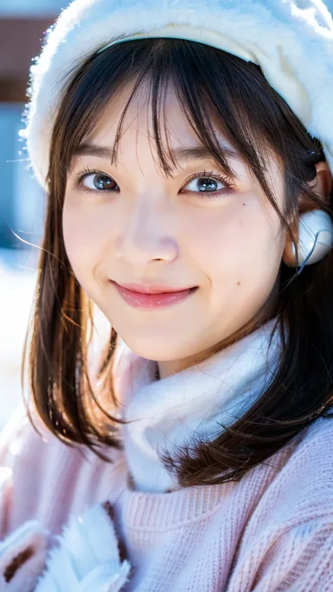 (highest quality,masterpiece:1.3,ultra high resolution),(Super detailed,caustics,8k),(photorealistic:1.4,RAW shooting),Midwinter,(snowfield),Silver World,Very cold,18-year-old,cute,Japanese,Black Hair Middle Hair,(hat with ear flaps),(open your mouth a lit...