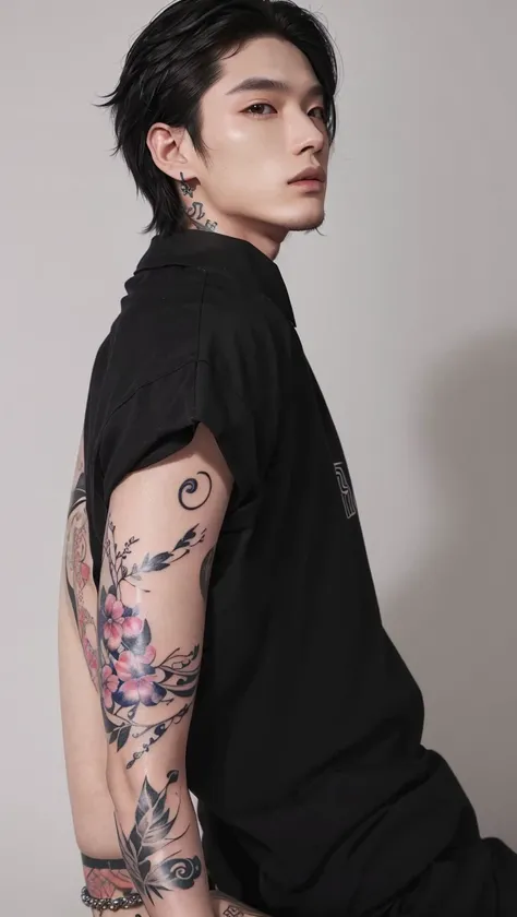 un primer plano de una persona con un Tattoo on the arm, androgynous person, by Ni Zan, androgynous man, cai xukun, tattoo sleeve on his right arm, tattoos all over the skin, photograph of a sleeve tattoo, Tattoo on the arm, Taiwanese girl with tattoos, wi...