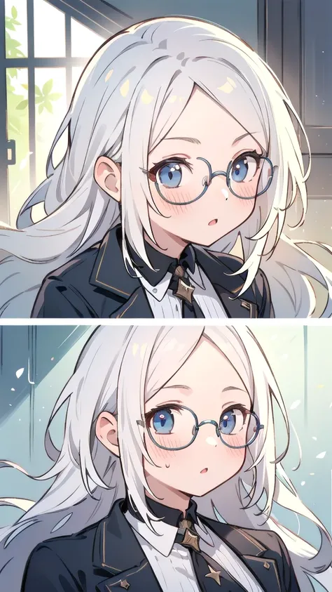 masterpiece,masterpiece, high quality, 最high quality, Super detailed, High resolution, (realism:1.1), photorealism, Portraiture, Amazingly beautiful one girl, (cute:1.1), Beautiful woman face, Normal chest, one piece, Glasses, White Hair, Long Hair, blushi...