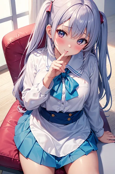 From above, (Squint your eyes:1.2), close, One Girl, blush, sit, nsfw,beautiful girl,Wear a uniform, Light blue skirt, Anime move,Two Side Up、(Gloss Lip)、Thick lips