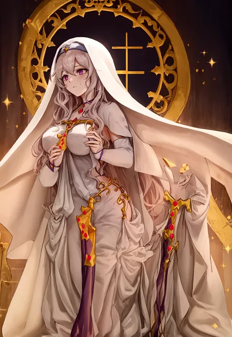 anime styling, best qualityer, pale white woman, Very long pastel pink hair, some wavy locks, bangss, purples eyes, Nun (nun), dressed in royal clothes in black and white tones full of golden details, body covered. She is praying with a serious expression ...