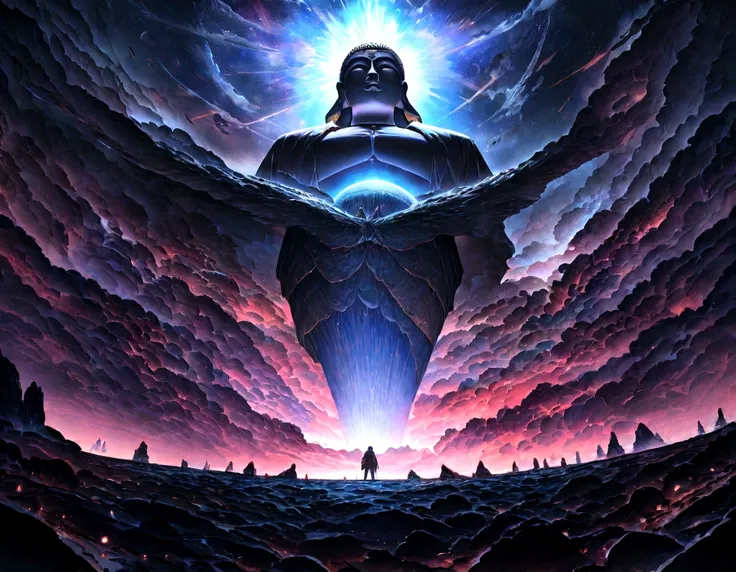 Interstellar，Infinite space，A giant Maitreya Buddha statue rushed into a giant space-time tunnel，See-through，Depth of written boundary，((masterpiece))，(Highest quality))，Spectacular space image scene，Surrealism, Super detailed, Accurate, Highest quality, H...