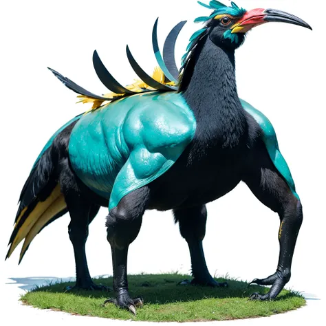 Big huge Animaly, cassowary mixed with Poseidon, yellows colour skins, Grassroots background, (white background simpleks)