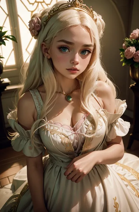 White Blonde hair, fluffy hair, stylish hair, long hair, lilac eyes, perfect eyes, beautiful, perfect face, tween, dainty , short, kind, curvy, a flowing pale airy gown with ruffles along the bottom with tiny pink flowers and gold dragon embroideries with ...