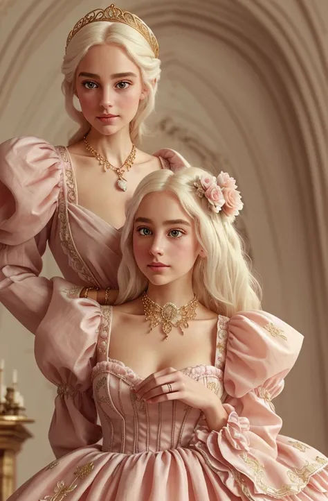 White Blonde hair, fluffy hair, stylish hair, long hair, lilac eyes, perfect eyes, beautiful, perfect face, tween, dainty , short, kind, curvy, a flowing pale airy gown with ruffles along the bottom with tiny pink flowers and gold dragon embroideries with ...