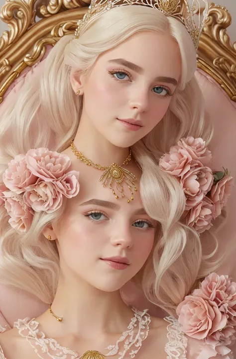 White Blonde hair, fluffy hair, stylish hair, long hair, lilac eyes, perfect eyes, beautiful, perfect face, tween, dainty , short, kind, curvy, a flowing pale airy gown with ruffles along the bottom with tiny pink flowers and gold dragon embroideries with ...