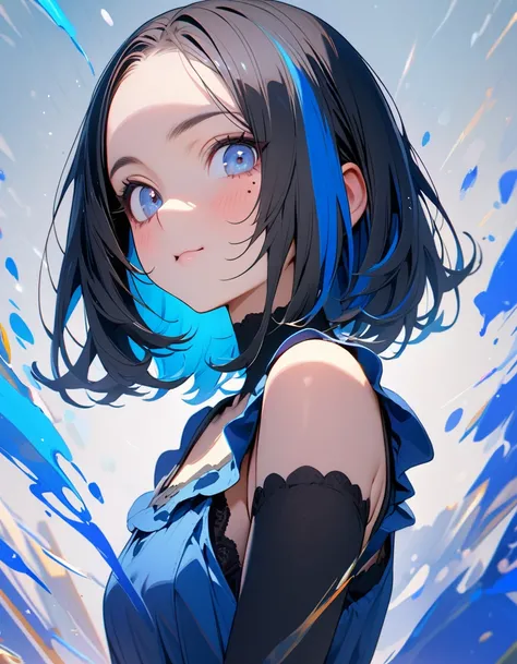 (8K,4K,best quality, master piece: 1.2), super high resolution,1 Beautiful woman,16yo,ultra-detailed face, detailed eyes,blue eyes,mascara,brown eyes,(mole under eye),:>,frilled camisole,(black hair, blue streaked hair),bob cut,looking at viewer,ポートレート,blu...