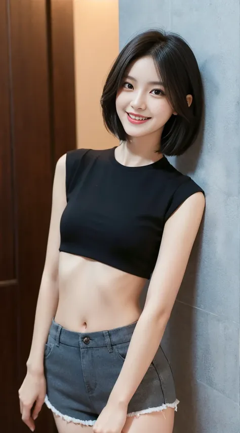 Medium black cut hair, slim face, adorable smile, cute face, slender body, 1 woman, whole body photo, crop top, hot pants 