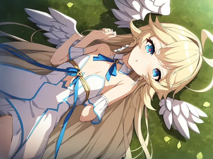 Zaora, blue eyes, (Variegated eyes:0.5), Blonde, Very long hair, Twin Blade, bangs, Ahoge, Hello, Angel, Flat Chest, White Dress, Belly button cutout, Detachable collar, Strapless, Neck ribbon, Bare shoulders, Angel wings, One girl, Lying on my back, solo ...