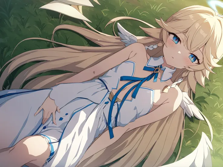 Zaora, blue eyes, (Variegated eyes:0.5), Blonde, Very long hair, Twin Blade, bangs, Ahoge, Hello, Angel, Flat Chest, White Dress, Belly button cutout, Detachable collar, Strapless, Neck ribbon, Bare shoulders, Angel wings, One girl, Lying on my back, solo ...