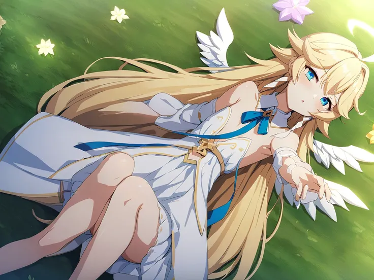 zaora, blue eyes, (variegated eyes:0.5), blonde, very long hair, twin blade, bangs, ahoge, hello, angel, flat chest, white dress...