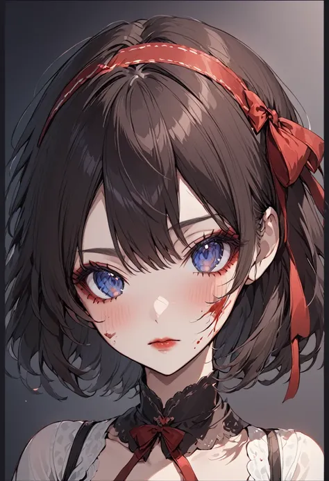 1girl, solo, blush, looking_at_viewer, short_hair, bangs, blue_eyes, simple_background, black_hair, ribbon, original, bow, hair_between_eyes, closed_mouth, hair_ribbon, hair_bow, hairband, grey_background, red_bow, lips, blood, makeup, border, portrait, ey...