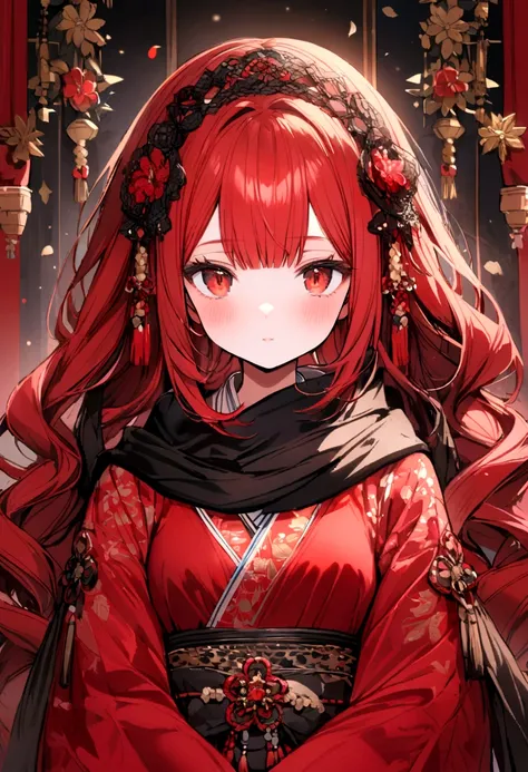 She has red hair with beautiful face and red eyes with a dress that is white yukata with black edges that has a black scarf 