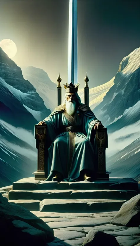 a wise king sitting on his throne, throne in the street, mountain and moon landscape, serenity, sword, (best quality,4k,8k,highres,masterpiece:1.2),ultra-detailed,(realistic,photorealistic,photo-realistic:1.37),oil painting, cinematic lighting, dramatic sh...