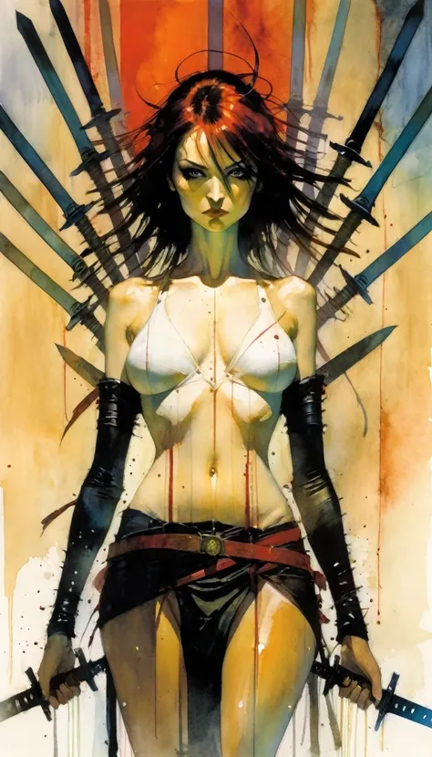 woman  with ten swords through her torso, eyes open (art inspired by Bill Sienkiewicz)
