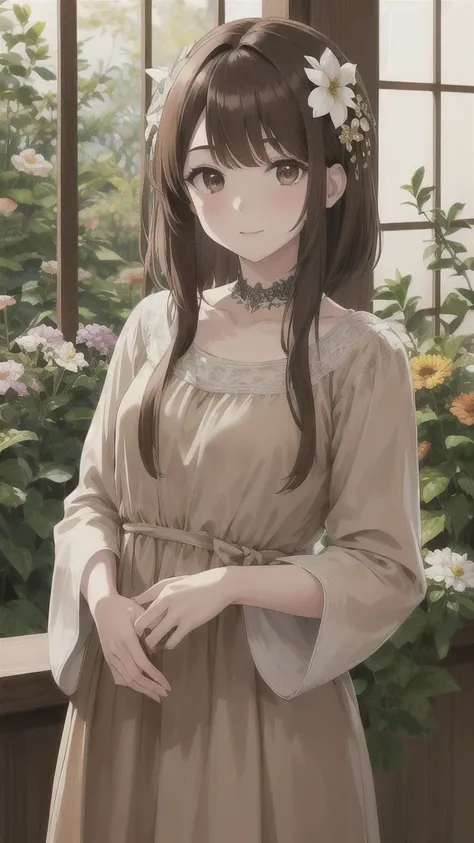 masterpiece,best quality,highres,ultra-detailed,aabrand,brown eyes,light brown hair,short hair with long locks,bangs,hair ornament,hair flower,<lora:tachibana_brand:,,(Veil:1.2),Garden,smile,outdoors,standing,cowboy shot,holding bouquet,Covered in semen、A ...