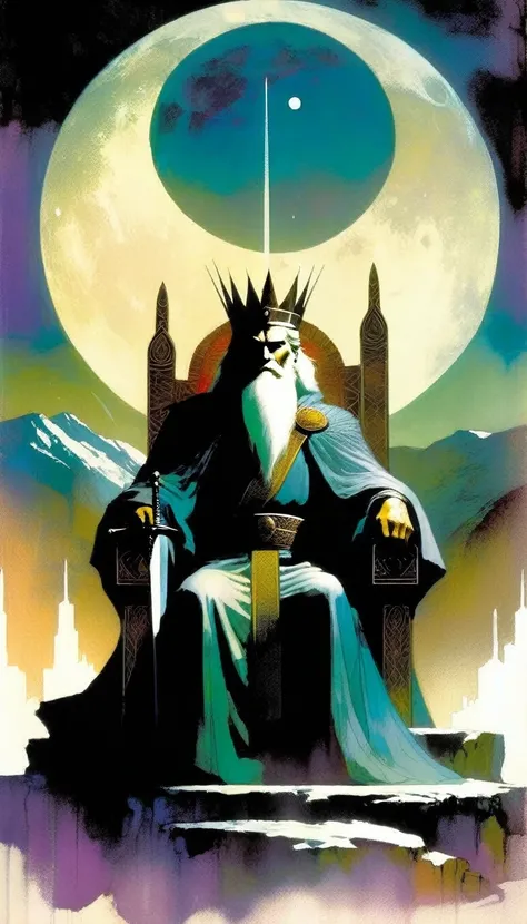 Wise King Sitting on His Throne, Throne on the Street, Mountain and Moon Landscape, Serenity, Sword, Great Crown (Art Inspired by Bill Sienkiewicz)