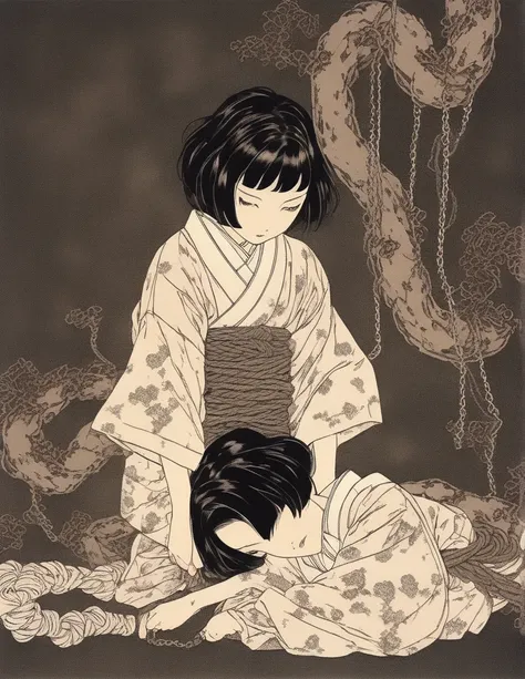 japanese line art    , two school girls in a garden tying each other up with chains and rope, knots, bdsm , floral damask background ,  in the style of  takato yamamoto    , 