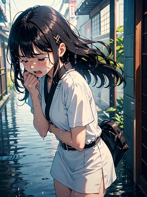 (1 girl, Solo, Japanese girl), 13 years old, Best quality, masutepiece, 8K, High resolution, Ultra detailed, black hair, long wavy hair, hair clip, (((crying, tears))), (( (taremae))), (short white dress), wet hair, wet skin, wet clothes, heavy rain,