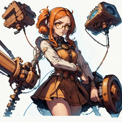 (Simple Background:1.2), ( White Background:1.2),  whole body,View your viewers,
One girl,  Lifting a giant cube chainsaw, suit, mini skirt,Academy uniform ,
monster Girl,  Skin of color, Yellow Eyes,  Orange Hair, Glasses, 
 Thinking facial expressions , ...