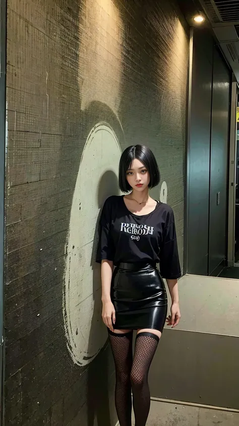 A woman with green eyes, short straight black hair is wearing a black rock shirt with a gothic skirt with black fishnet stockings, is standing in a hallway whose wall is full of concert advertising flyers, She has raised eyebrows giving her an angelic appe...