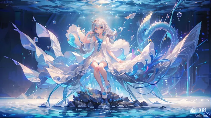 (Piece Fly), (best quality), Very detailed, 1 girl, Perfect face, (Single full body shot:1.3), Very detailed顔，(Grey hair long hair:1.5)，(blue eyes:1.4)，(In the water:1.4)，(White Dress:1.5)，ocean，Small schools of fish，Light，bubble，jellyfish，ocean藻，Redfish，o...