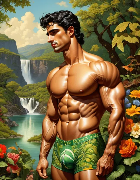 Kevin Sloan style..., Bright color palette. Beautiful horse, 8k resolution, full body, handsome, In the artistic style of norman rockwell, splendid naked, thin and ripped body, detailed realistic muscles, swimming suit, 20 years old. full body, male model....