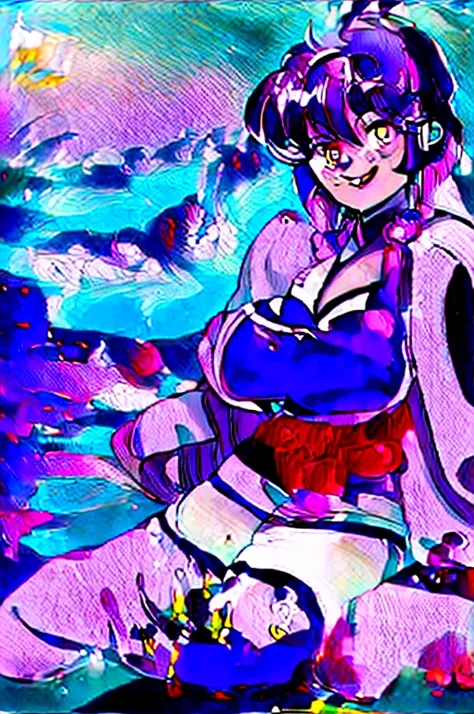 ((solo)), (alone), (super detailed), ((masterpiece)), (purple hair), (pink eyes), ((pink kimono)), ((huge breasts)), (cleavage), ((pink background)), (fun background), smile, happy