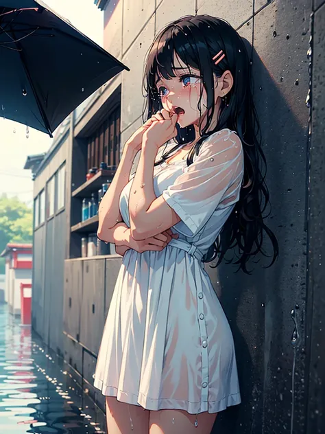 (1 girl, Solo, Japanese girl), 13 years old, Best quality, masutepiece, 8K, High resolution, Ultra detailed, black hair, long wavy hair, hair clip, (((crying, tears))), (( (taremae))), (short white dress), wet hair, wet skin, wet clothes, heavy rain,