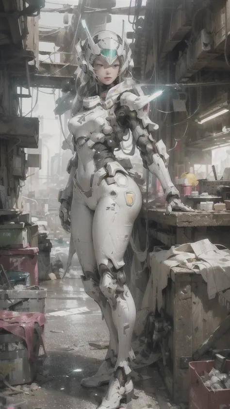 ((best quality)), ((masterpiece)), ((realistic)), (detailed), (photorealistic:1.5), a futuristic girl, (thick body), (white bodysuit), lights on armor, cybernetic headwear, looking at viewer, dynamic pose, post apocalyptic, destroyed city background, build...