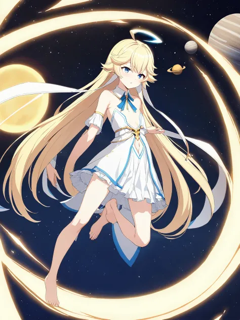 zaora, blue eyes, (variegated eyes:0.5), blonde, very long hair, twin blade, bangs, ahoge, hello, angel, flat chest, white dress...