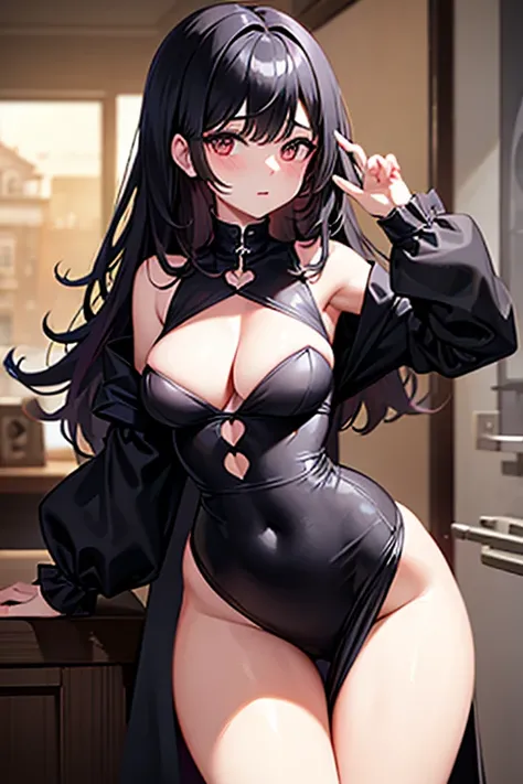 Busty young woman with small waist and big hips wearing a black dress open at the bust and a little legs up to the waist ,with big black hair with pink at the tips 