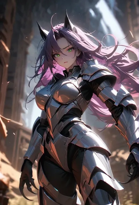 (solo), purple hair, messy hair, mane hair, extra long hair, dense hair, wild hair, expressive hair, mature,(25 year old), pale skin, green eyes, ((man)), wearing a silver armor, armored arms, armored legs, claws,, Big breast, big ass, beautiful, attractiv...