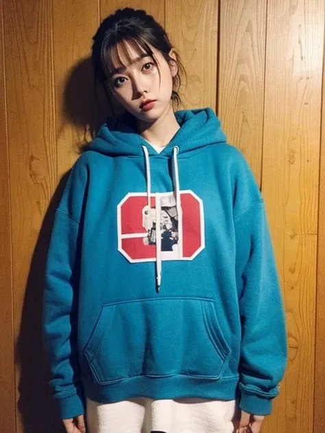 Japanese、woman、Big Breasts、90s American Casual Fashion、Reverse Weave Hoodie、Levi&#39;s 501 jeans worn on hip hangers、Converse sneakers、Brown Hair、Bob Cut Hair